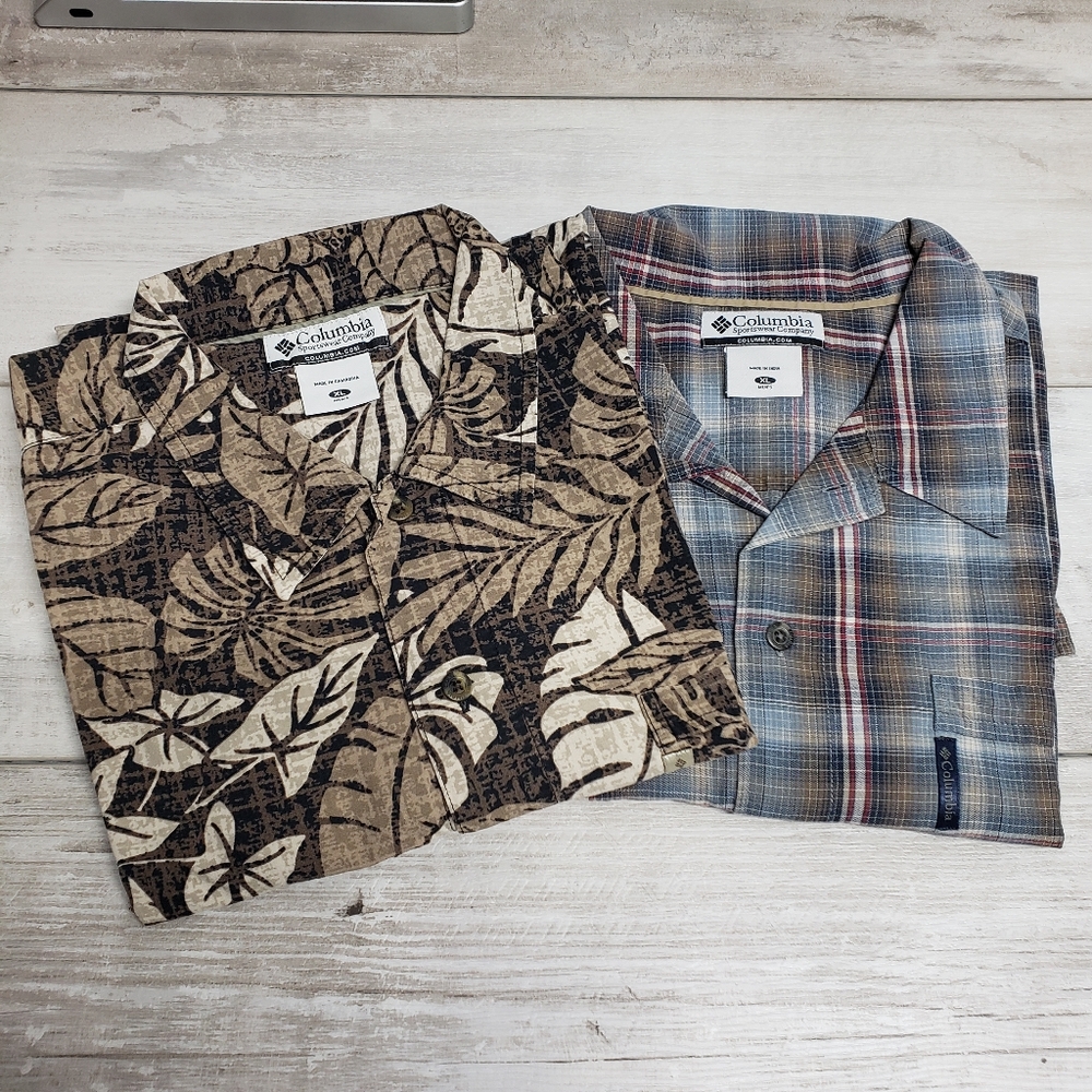 Bundle of 2 Columbia Button Up Short Sleeve Shirt Mens XL Plaid Tropical Casual